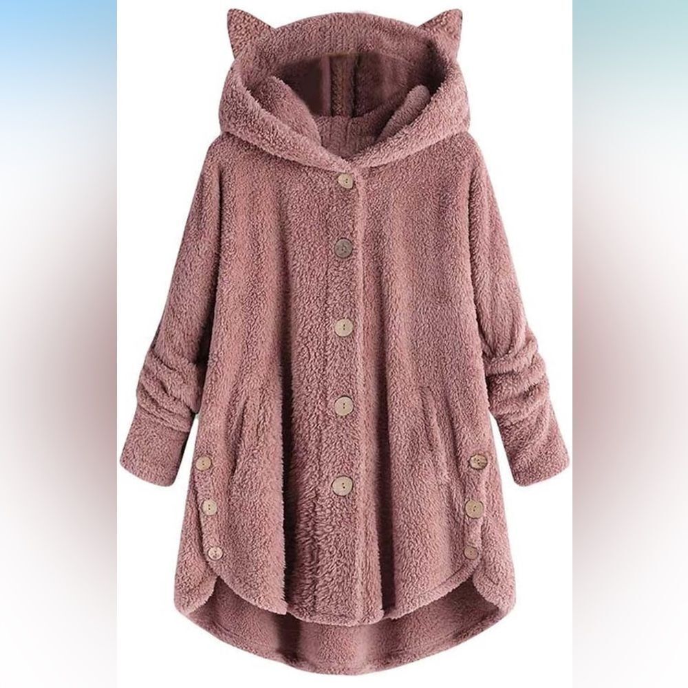 Women’s Cozy Pink Teddy Jacket w/ Cat Ear Hood Button Down Long Sleeve, Size 14
